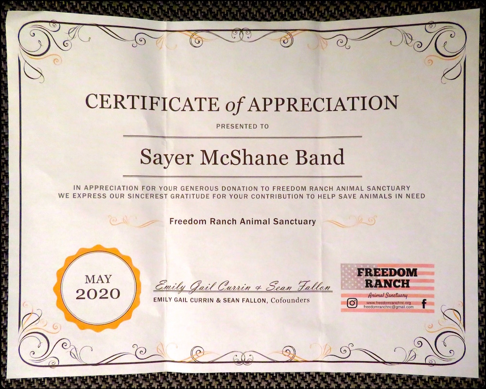An awesome certificate of appreciation from Freedom Ranch in Kittrell, NC.