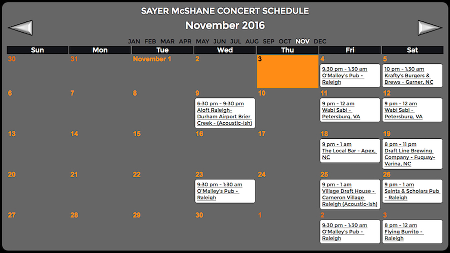 Sayer McShane November Concert Schedule