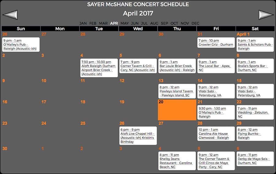 Sayer McShane April Concert Schedule