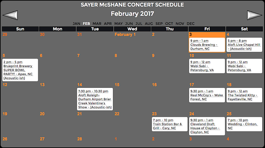 Sayer McShane February Concert Schedule