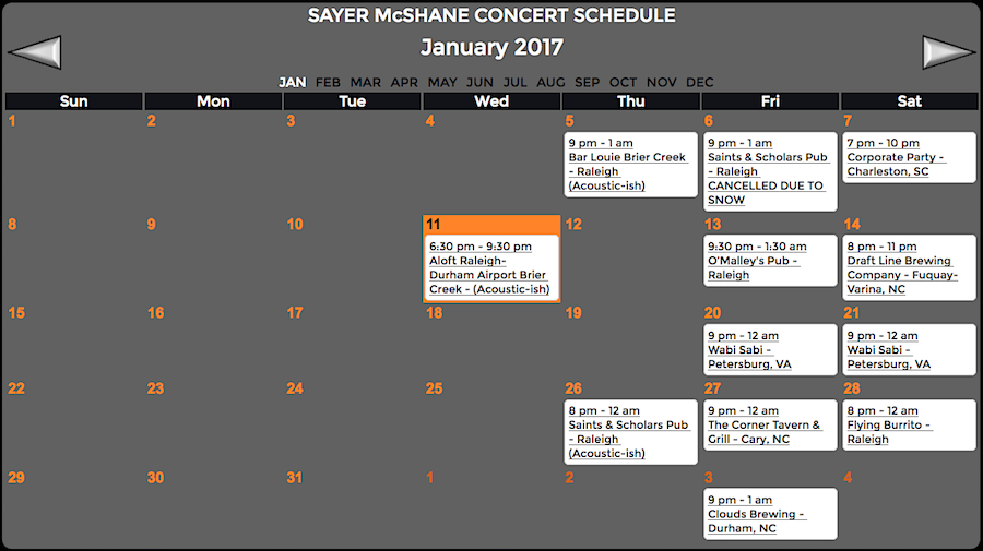 Sayer McShane January Concert Schedule