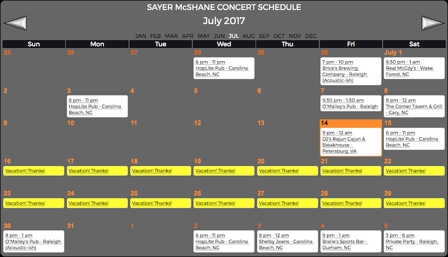 Sayer McShane JulyConcert Schedule