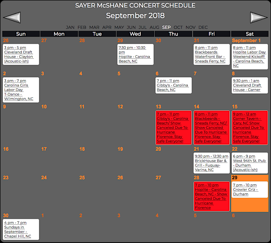 Sayer McShane September Concert Schedule