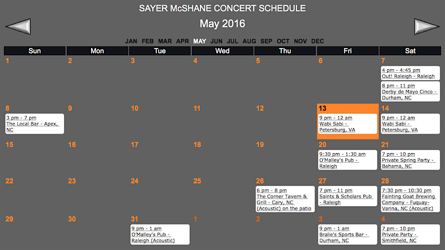 Sayer McShane May 2016 Concert Schedule